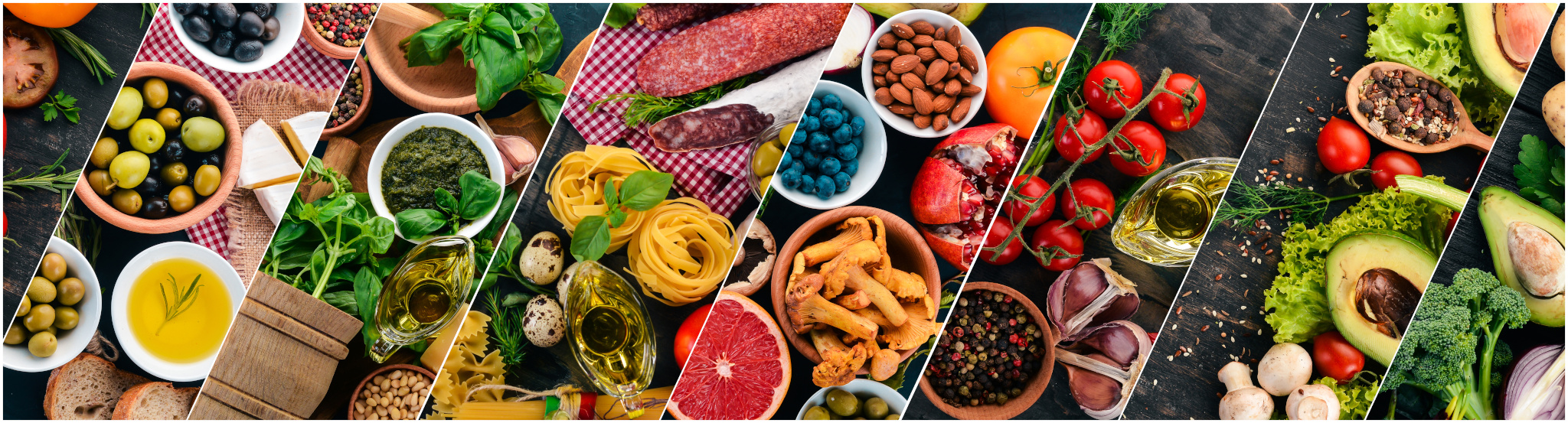 Collage. Background of vegetables, fruits and spices. Top view.